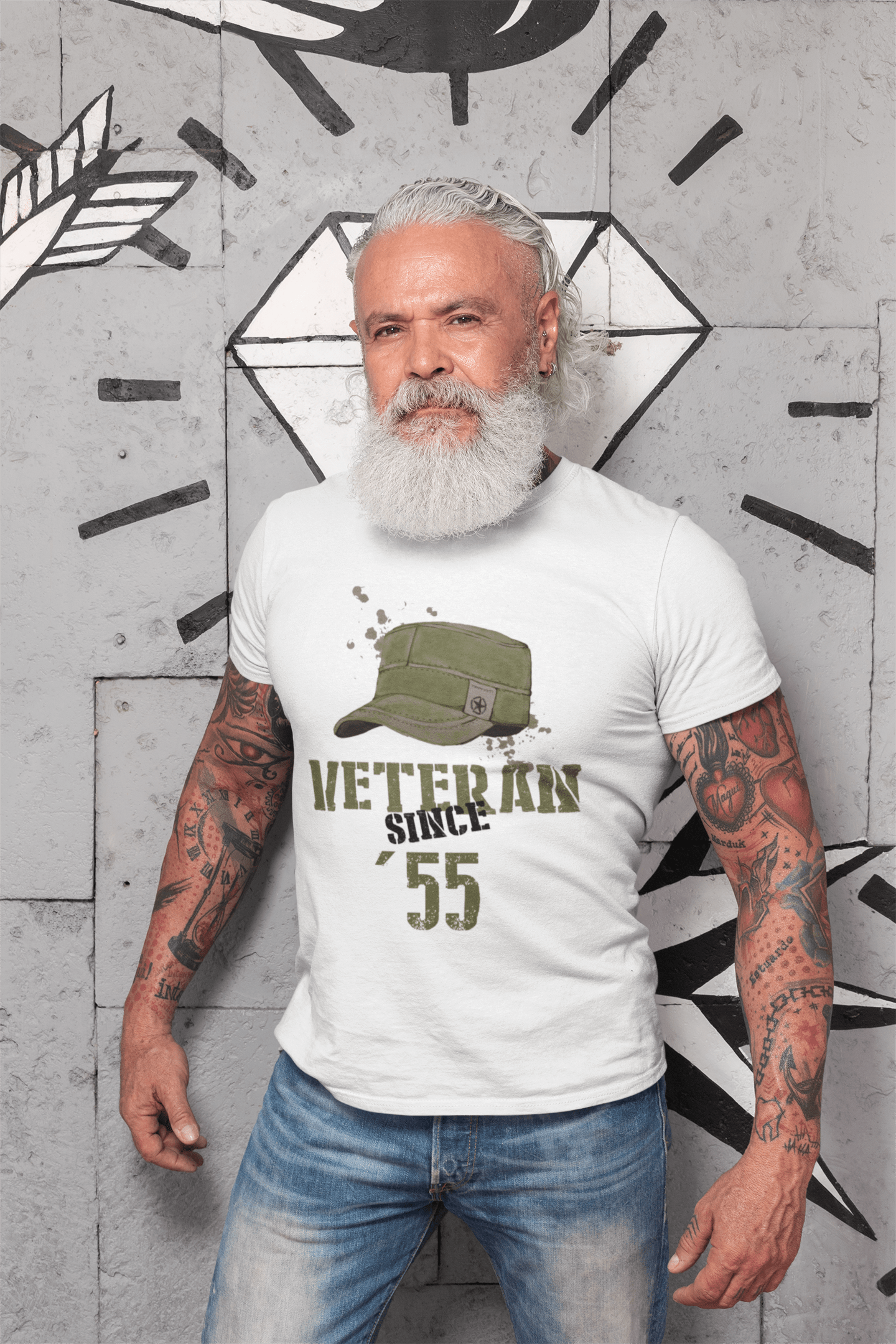 Vétéran Depuis 55 T-shirt Homme Blanc Cadeau d'anniversaire Col Rond 00436