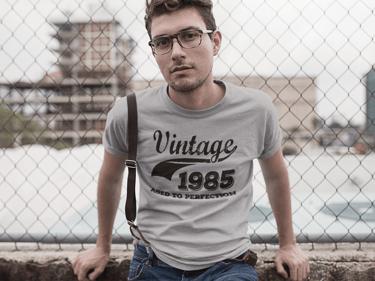 Vintage Aged to Perfection 1985, Gris, T-shirt à manches courtes et col rond pour hommes, t-shirt cadeau 00346