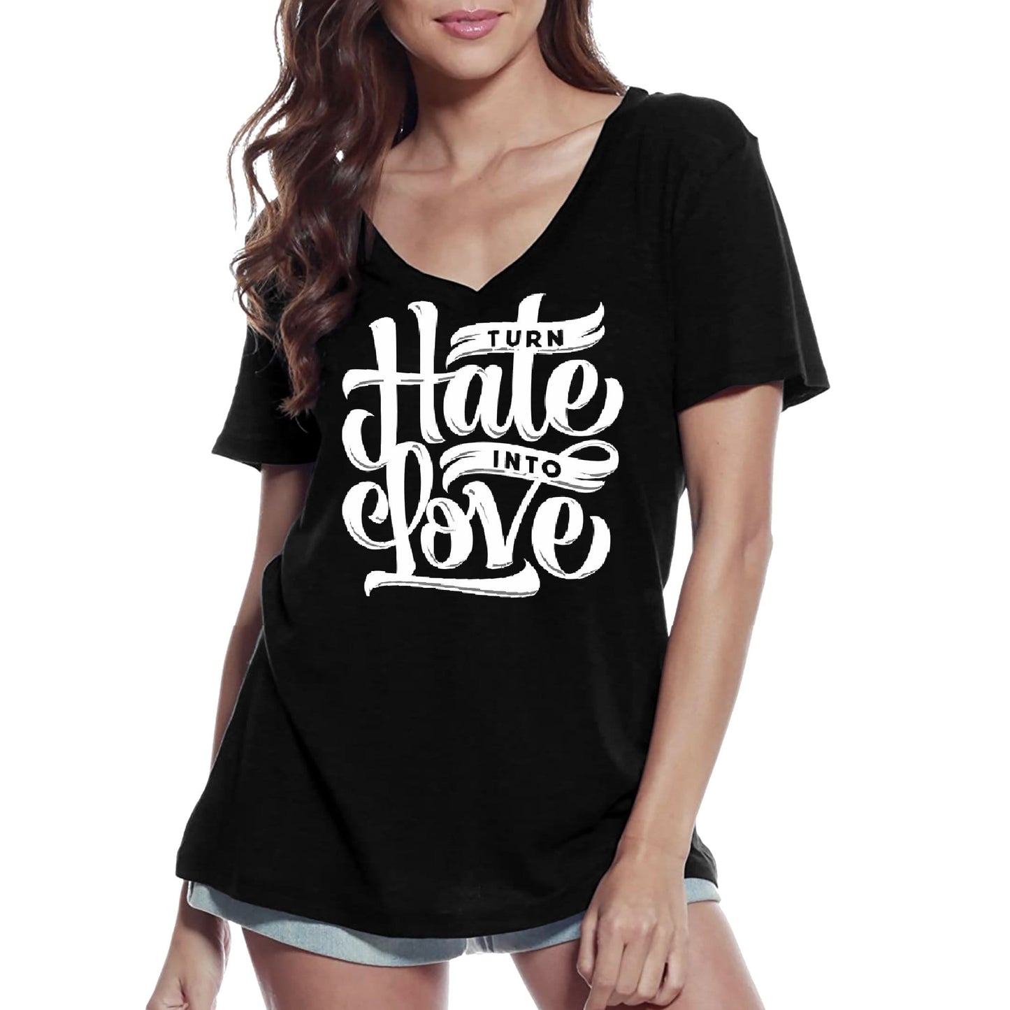 ULTRABASIC Women's V-Neck T-Shirt Turn Hate Into Love - Short Sleeve Tee shirt
