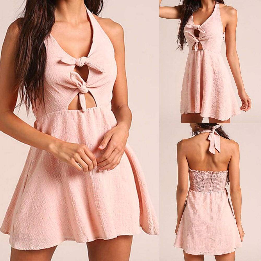 Women Ladies Bow V Neck Sleeveless Mini Dress Summer Beach Dress - Pink / L