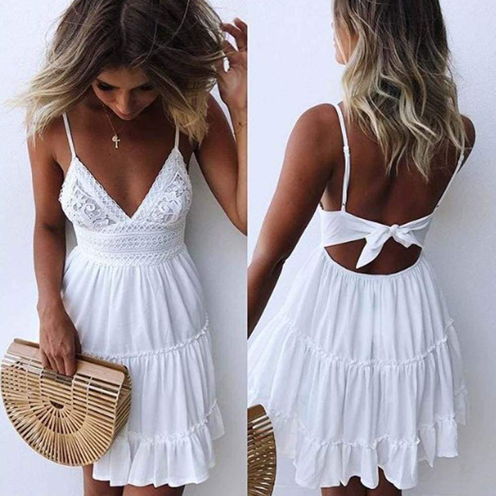 Women Summer Backless Mini Dress White Evening Party Beach Dresses Sundress - S