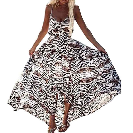 Women Summer Irregular Boho Leopard Dress Sleeveless Long Maxi Dresses - S