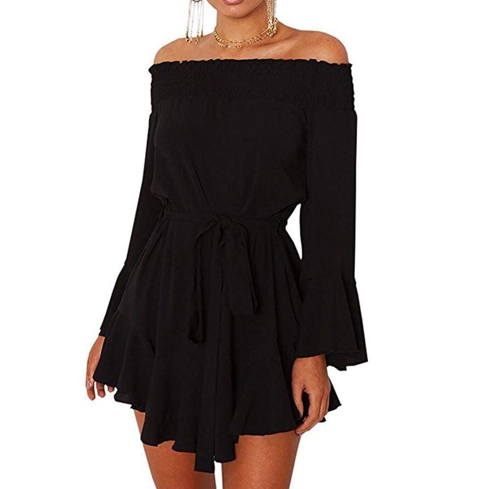 Womens Off Shoulder Flared Drop Hem Tied Casual Mini Dress With Belt - Black / L